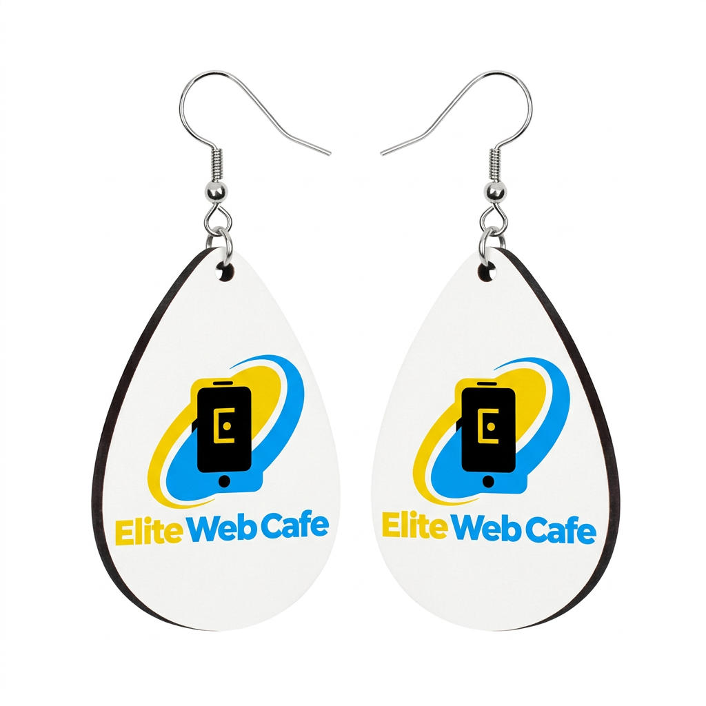 Elite Web Cafe logo on teardrop earrings