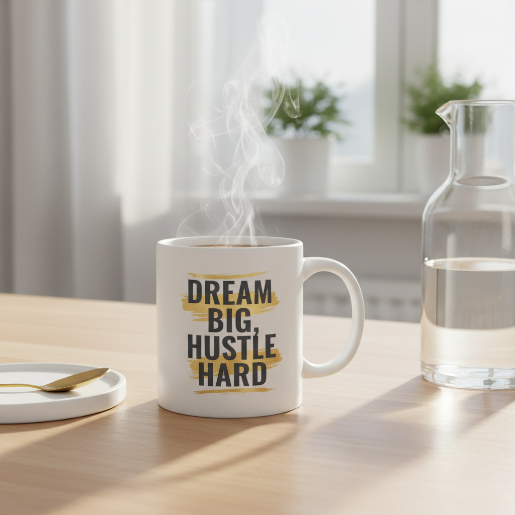 Dream Big Hustle Hard mug lifestyle shot with coffee steam