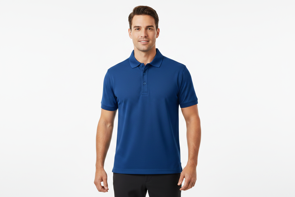 Royal blue golf polo shirt worn by a person, front view