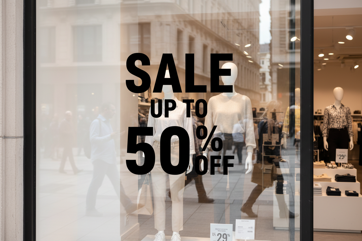 Sale 50% off black vinyl sticker decal on shop window mockup