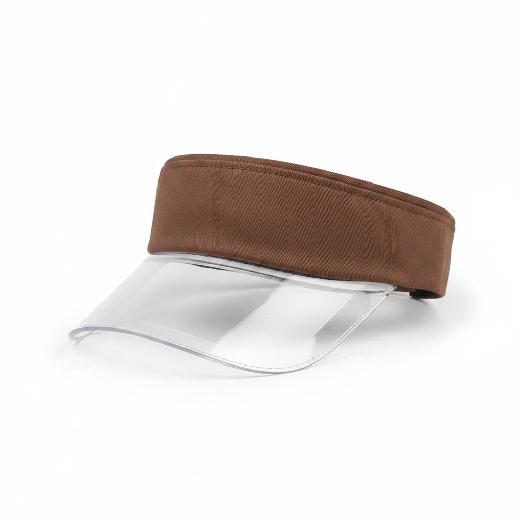Coffee brown flat-top visor cap with clear PVC brim on white background