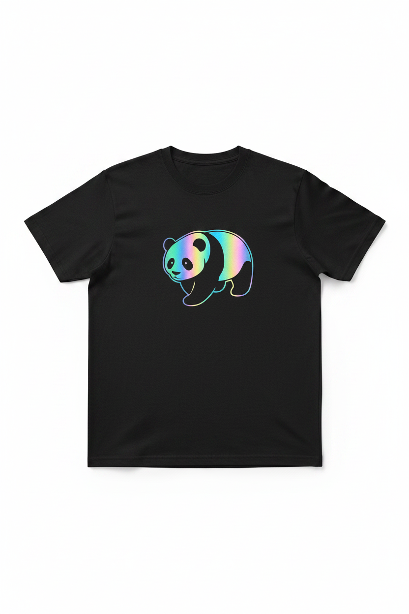 Walking panda black tee flat lay white background