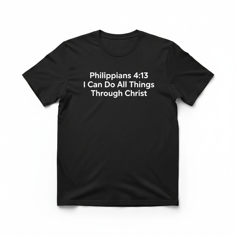 Philippians 4:13 black t-shirt with white scripture text