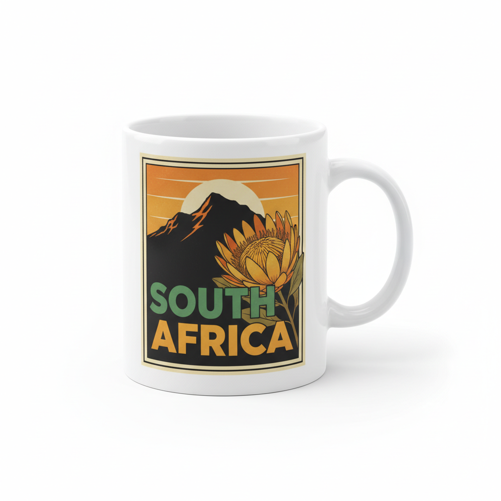 South Africa Heritage Mug with Table Mountain and protea design