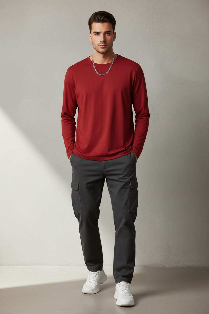 Person wearing red long sleeve t-shirt