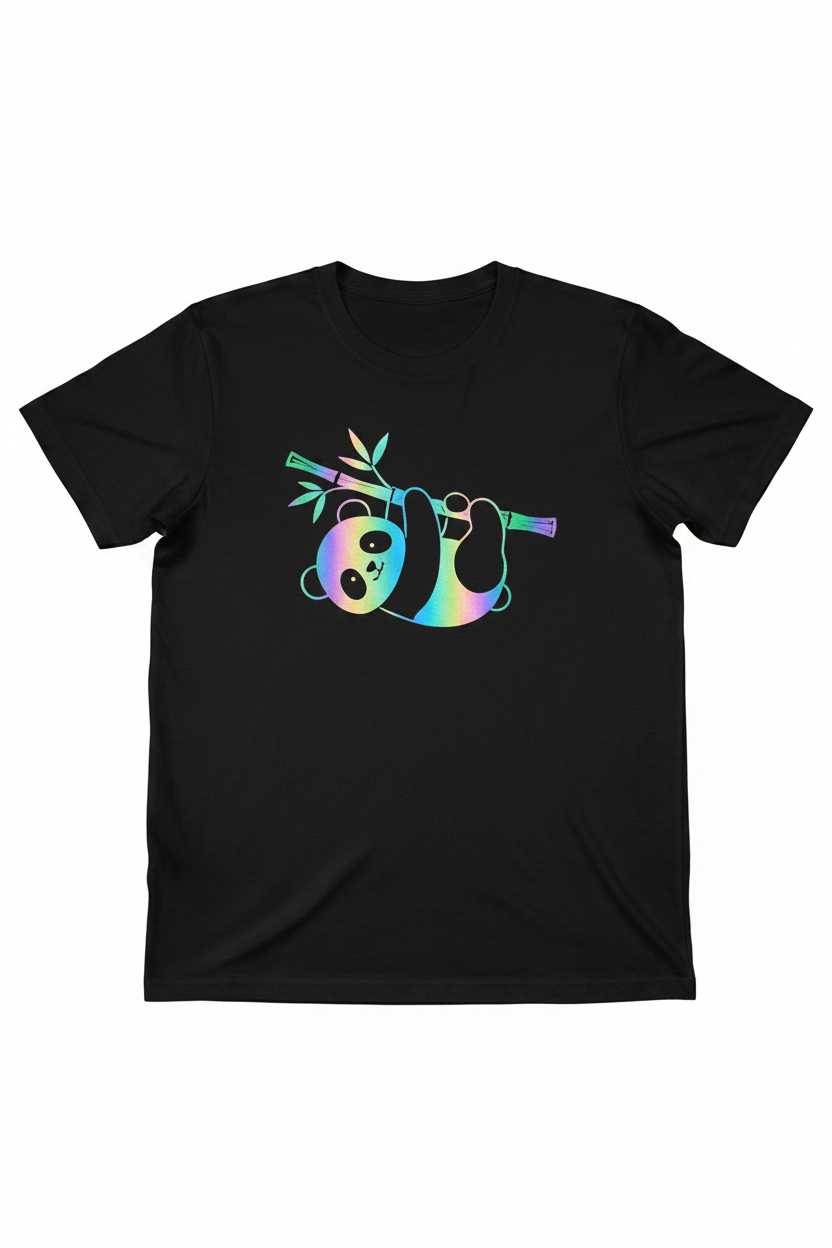 Hanging panda black tee flat lay white background