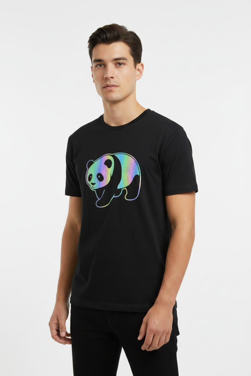 Model wearing walking panda black tee