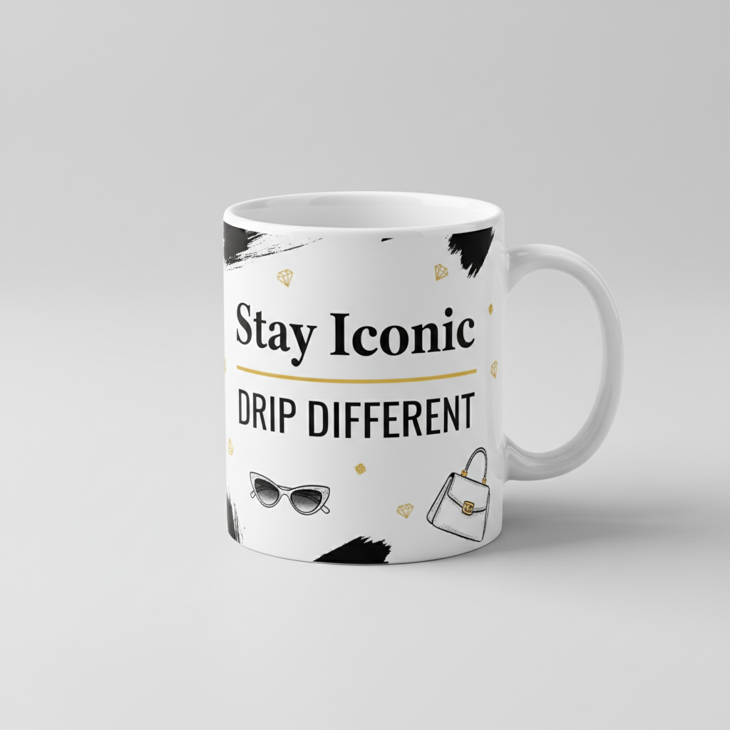 White luxury streetwear fashion ceramic mug with Stay Iconic design