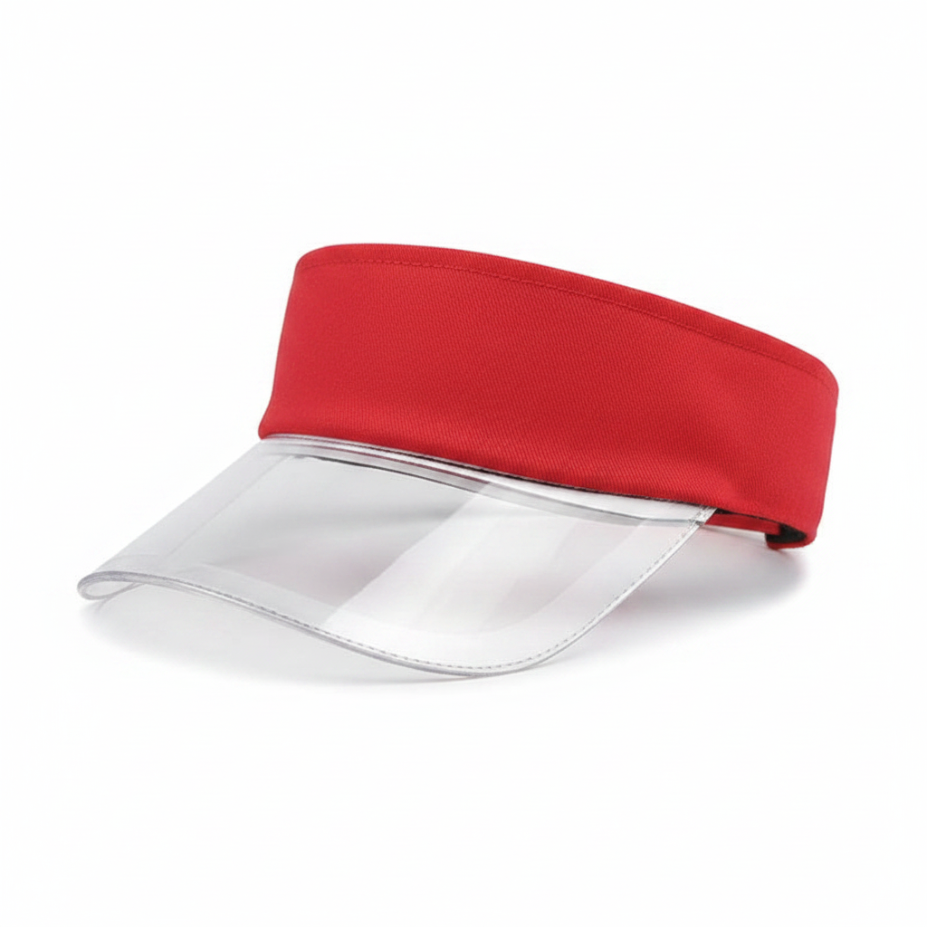 Red flat-top visor cap with clear PVC brim on white background