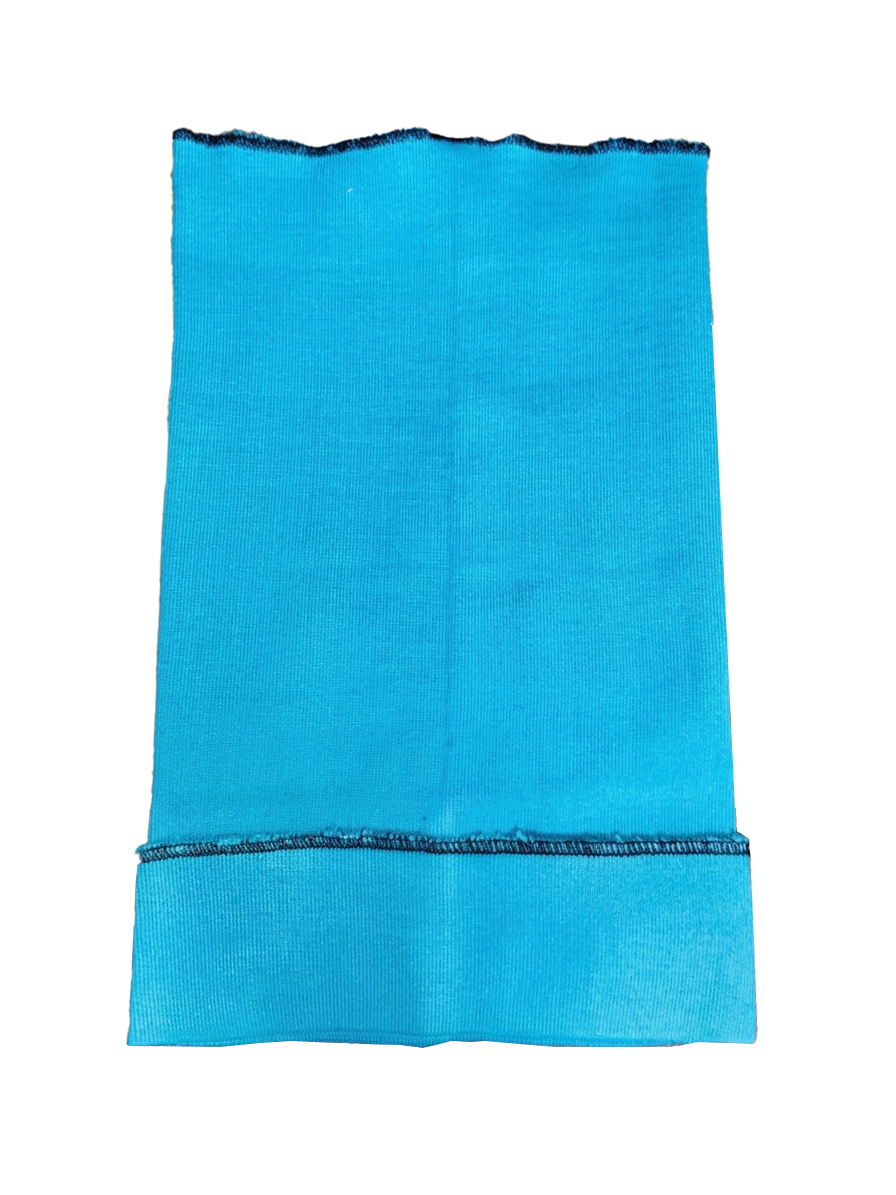 Slouchy Beanie Open Top in aqua turquoise blue with navy overlock stitching