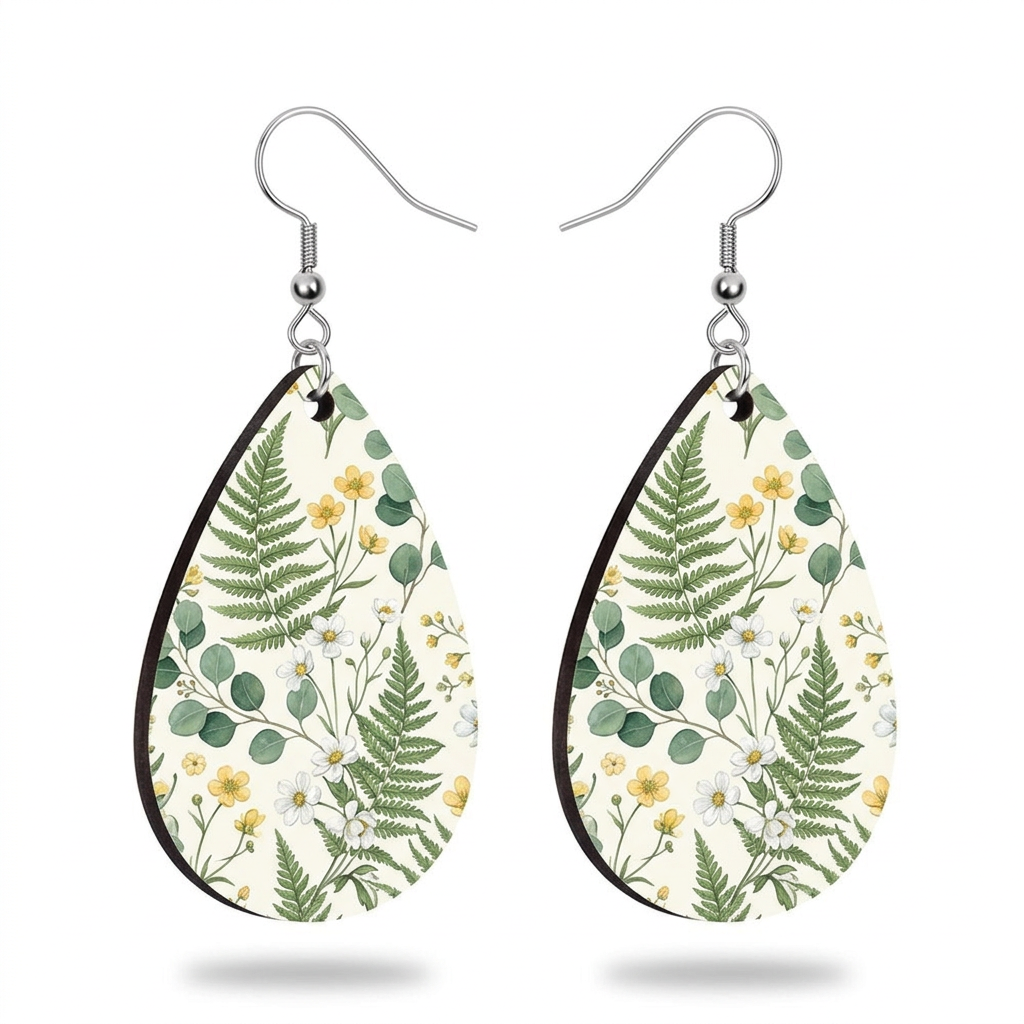 Nature-inspired custom-printed teardrop earrings mockup