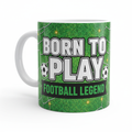 White football-themed ceramic mug with Born to Play design