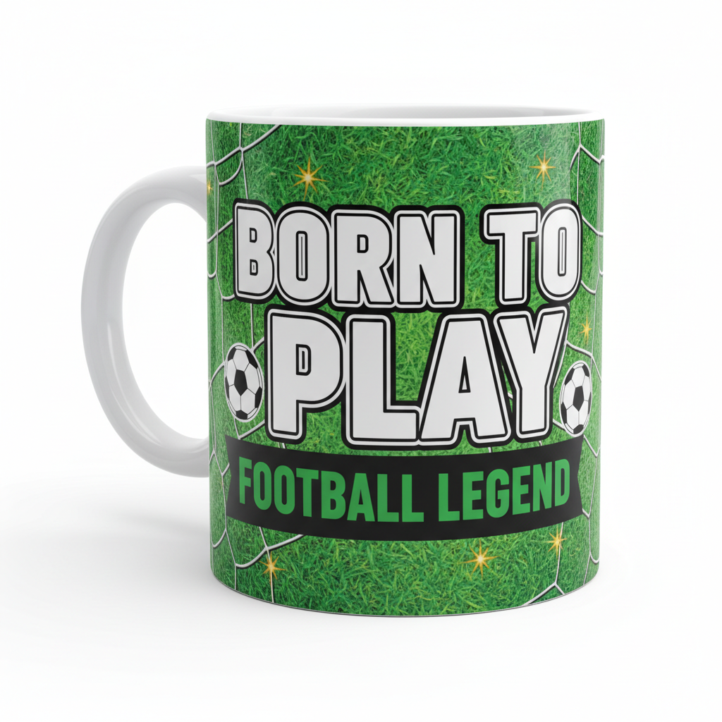 White football-themed ceramic mug with Born to Play design