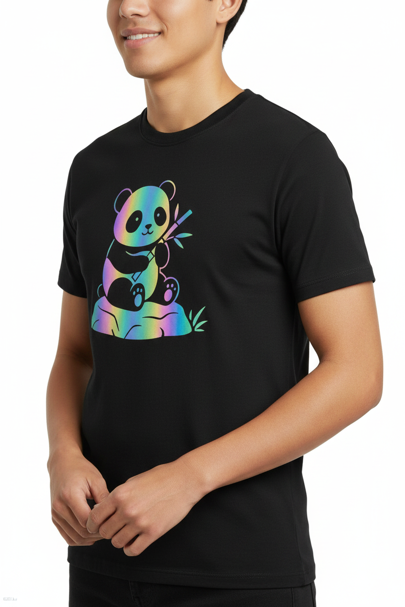 Model wearing black panda tee