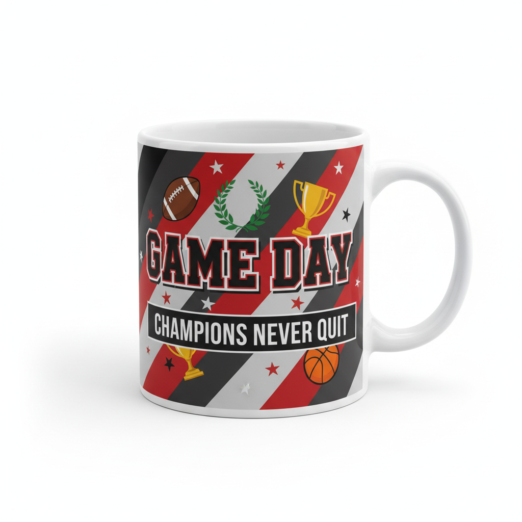 White sports-themed ceramic mug with Game Day design