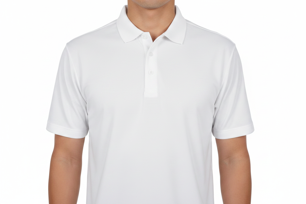 Person wearing white golf polo shirt