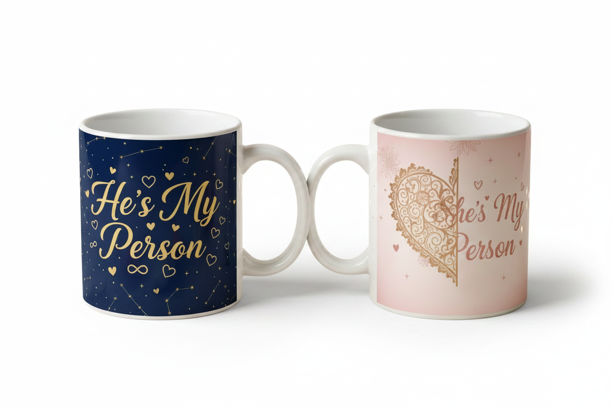 His and Hers couple ceramic mug set on white background