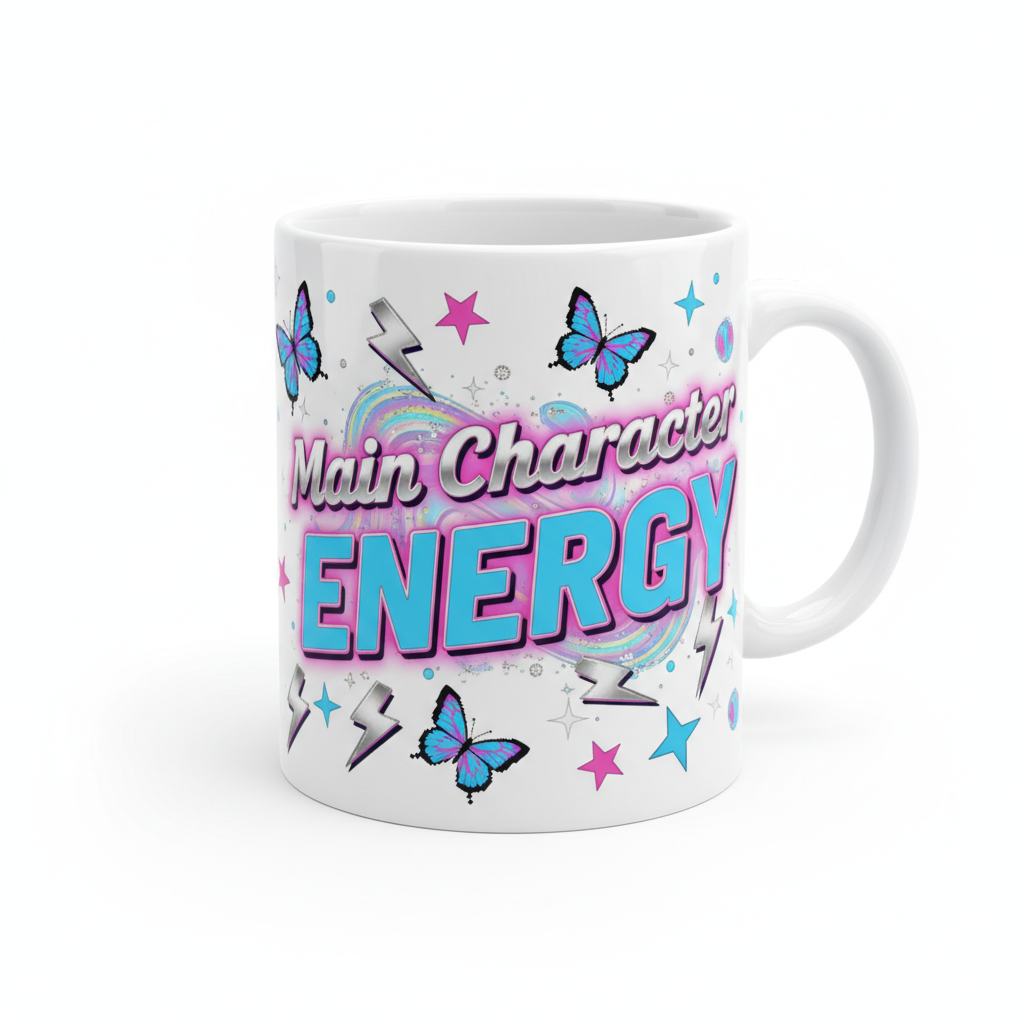 White Y2K retro-futuristic ceramic mug with Main Character Energy design