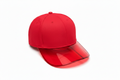 Red baseball cap with transparent red-tinted brim on white background