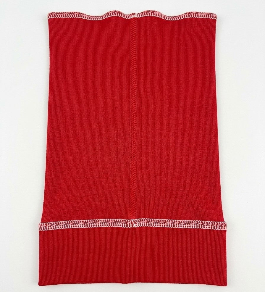 Slouchy Beanie Open Top in red with white overlock stitching
