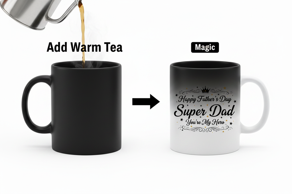 Black heat-revealing magic mug showing Super Dad message