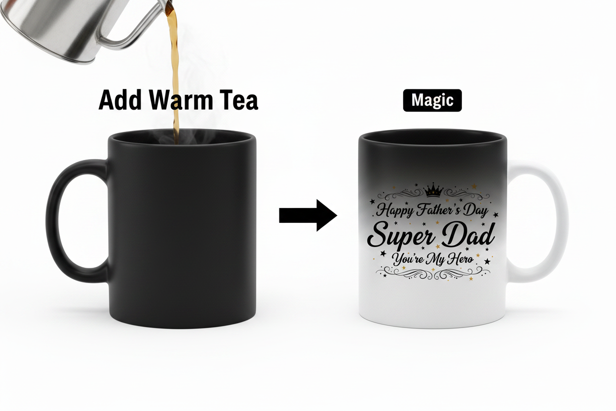 Black heat-revealing magic mug showing Super Dad message