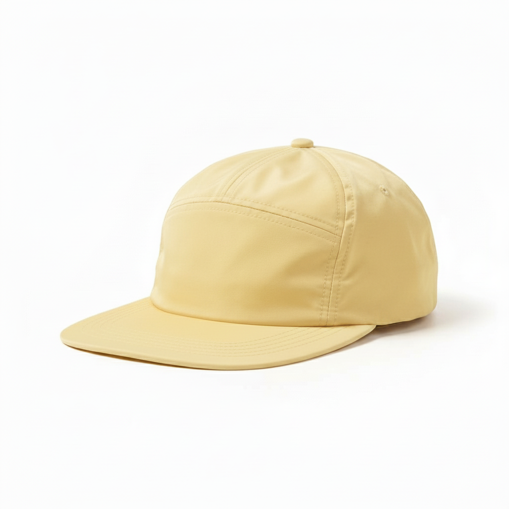 5 panel custard nylon cap on white background