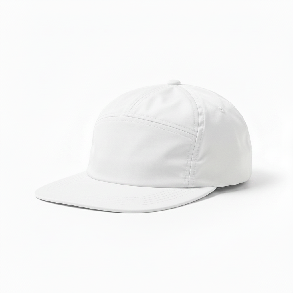 5 panel white nylon cap on white background