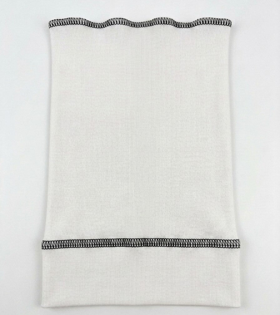 Slouchy Beanie Open Top in white with black overlock stitching