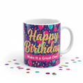 White ceramic birthday mug with colourful confetti and Happy Birthday design