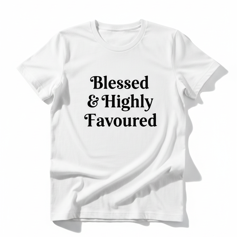 Blessed and Highly Favoured white t-shirt with elegant black serif text