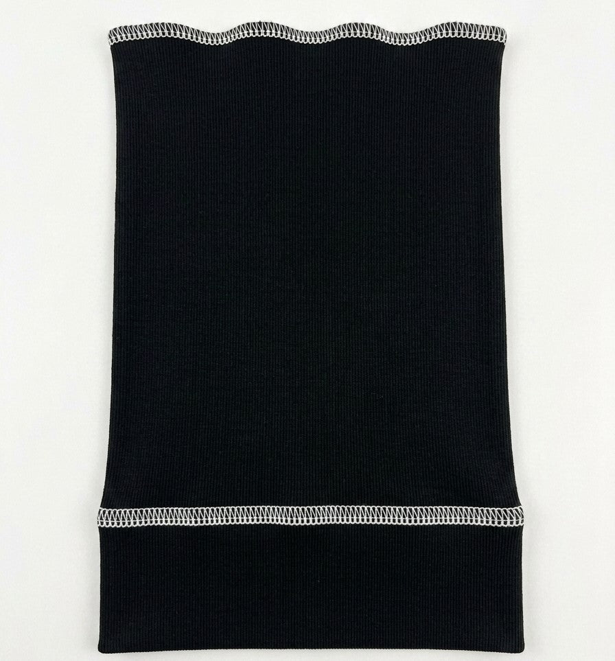 Slouchy Beanie Open Top in black with white overlock stitching