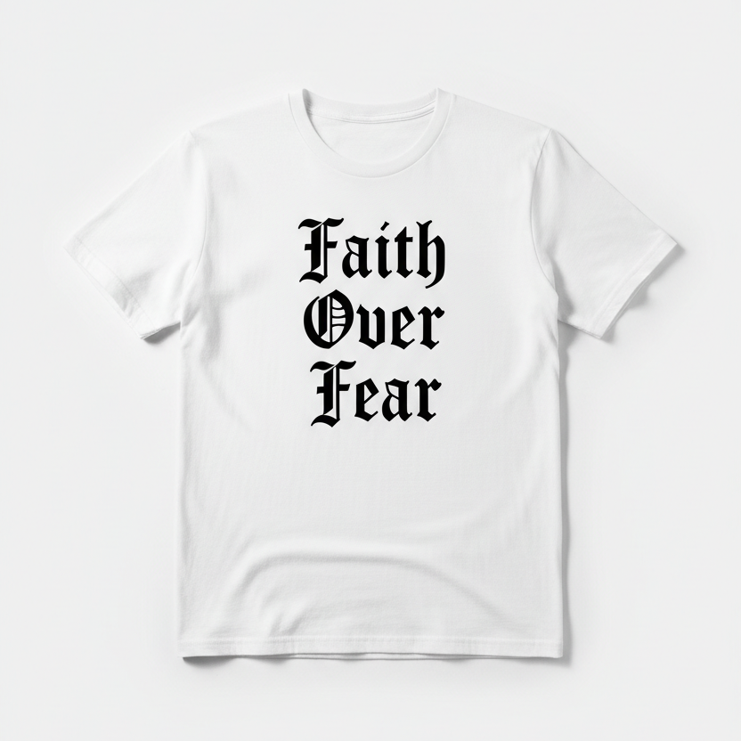 Faith Over Fear white t-shirt with bold gothic text
