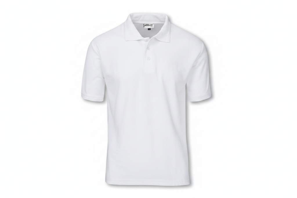 White golf polo shirt flat lay