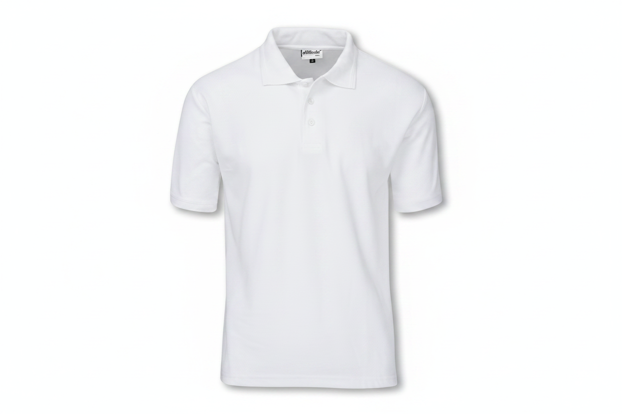 White golf polo shirt flat lay