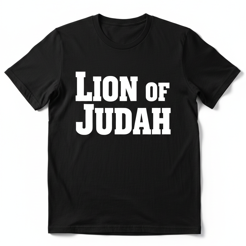 Lion of Judah black t-shirt with bold white text