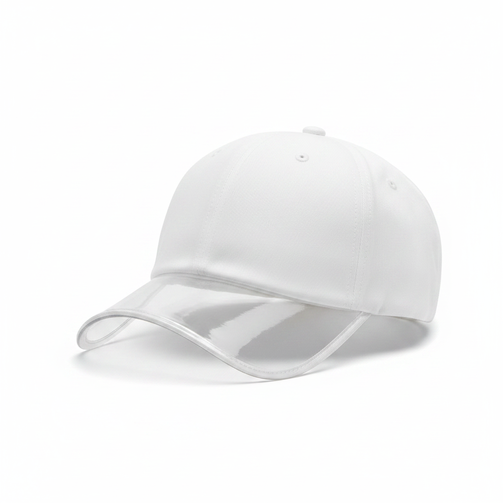 White baseball cap with clear transparent PVC brim - product shot