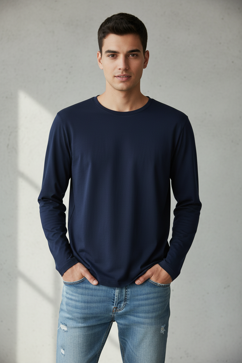 Person wearing navy blue long sleeve t-shirt