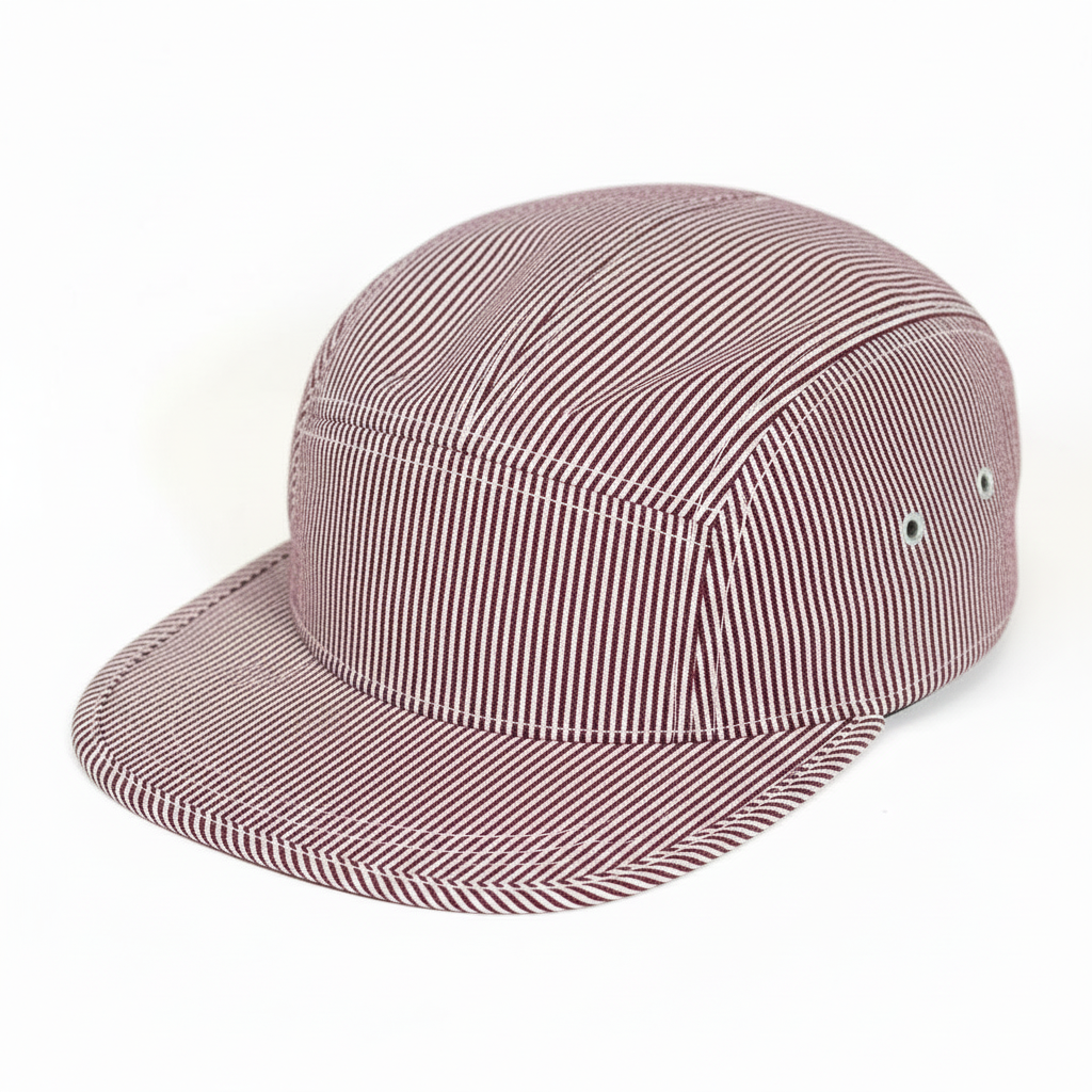 5 panel maroon striped cap on white background