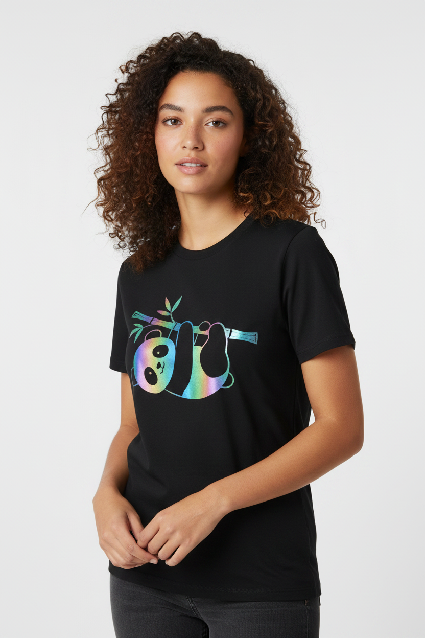 Model wearing hanging panda black tee