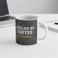 White ceramic office mug with charcoal Fuelled by Coffee and Deadlines design