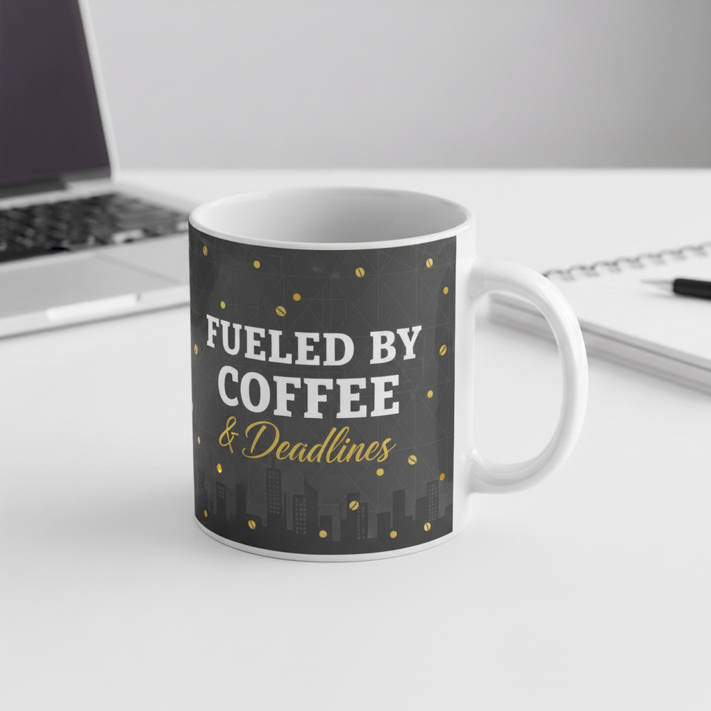 White ceramic office mug with charcoal Fuelled by Coffee and Deadlines design