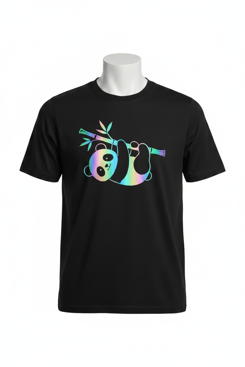Hanging panda black tee ghost mannequin white background