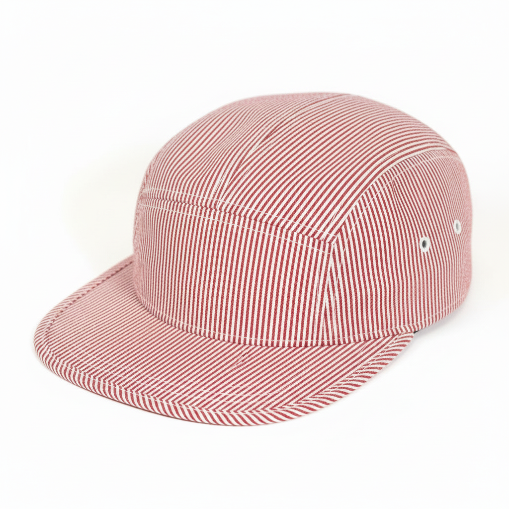 5 panel red striped cap on white background