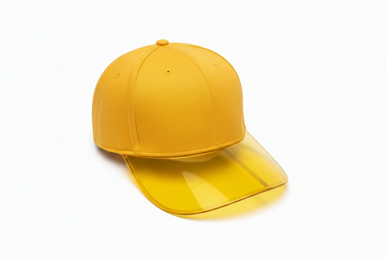 Yellow baseball cap with transparent yellow-tinted brim on white background