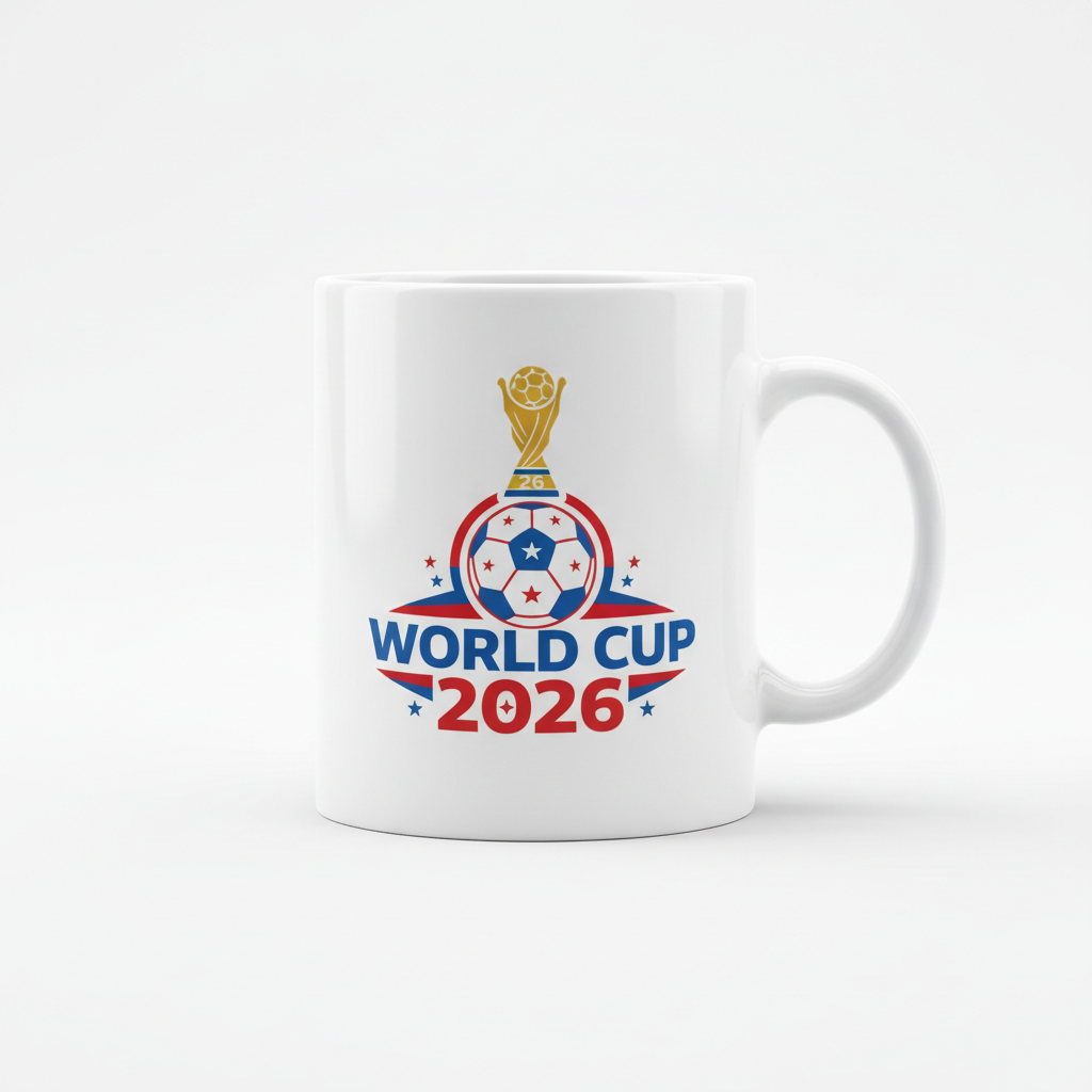 Football World Cup 2026 Mug with trophy and soccer ball graphic