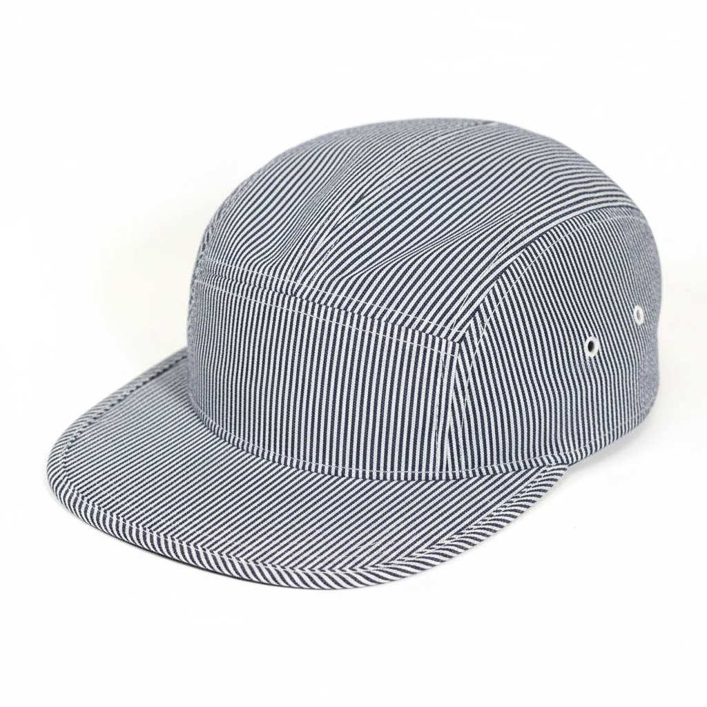 5 panel black striped cap on white background