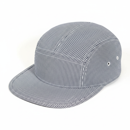 5 panel black striped cap on white background