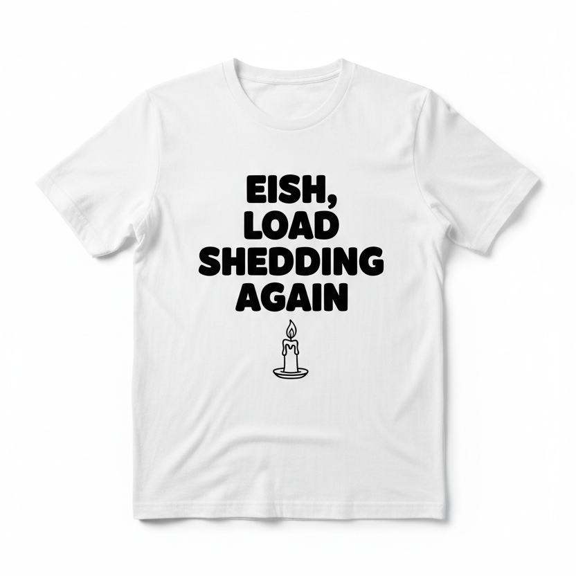 Eish Load Shedding Again white t-shirt with candle icon