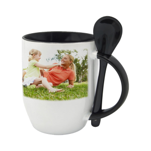 Customized Black  Round Coffee Mug with Spoon